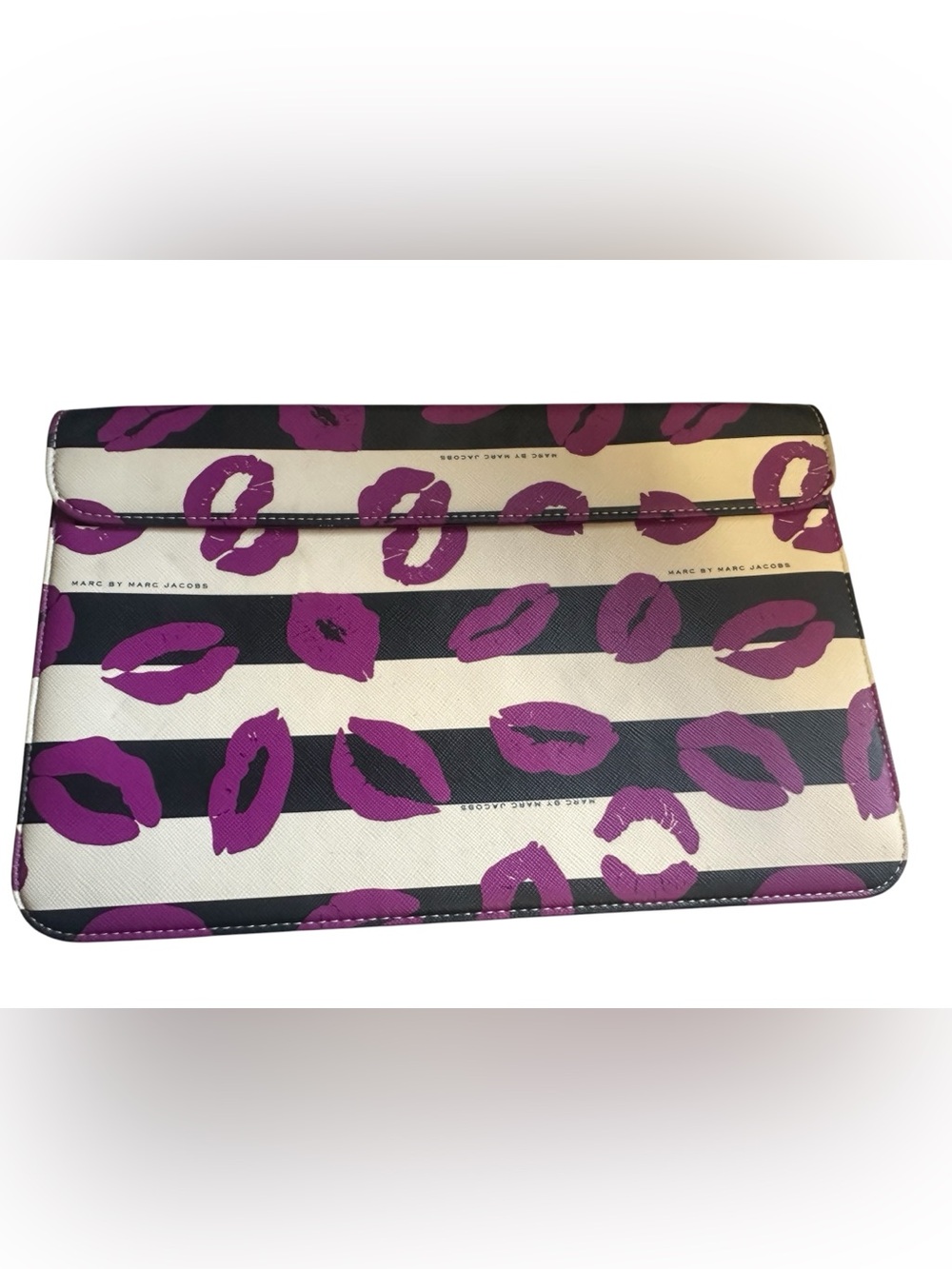 Marc by Marc Jacobs Black & White Stripe Pouch with Purple Kiss Print